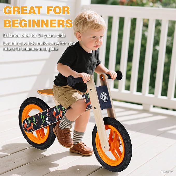Wooden Toddler Balance Bike, Kids Balance Bike for 3 Year Old with Adjustable Seat, No Pedal Toddler Bicycle for Kids 3-5 for Boys and Girls Birthday Gifts Toys