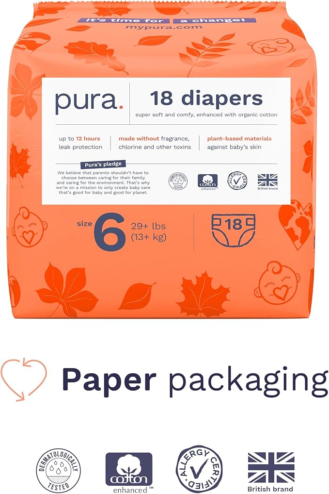 Pura Size 6 Eco-Friendly Diapers (29+ lbs) Totally Chlorine Free (TCF),Hypoallergenic, Soft Organic Cotton, Sustainable, up to 12 Hours Leak Protection, Allergy UK, 18 Count (Pack of 6),Total-108