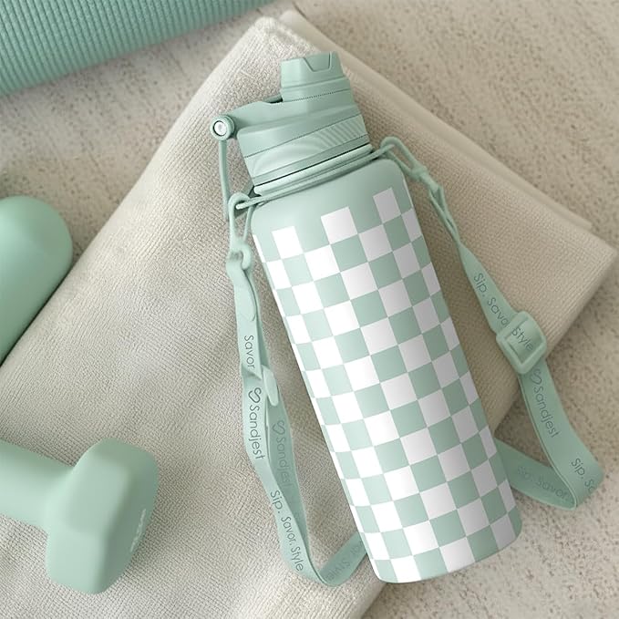 SANDJEST Checker Stainless Steel Water Bottle with Strap 32oz, Insulated Bottles with Straw and Spout Lid for Gym Sports Travel Outdoor, Gifts for Women Girls Birthday Christmas