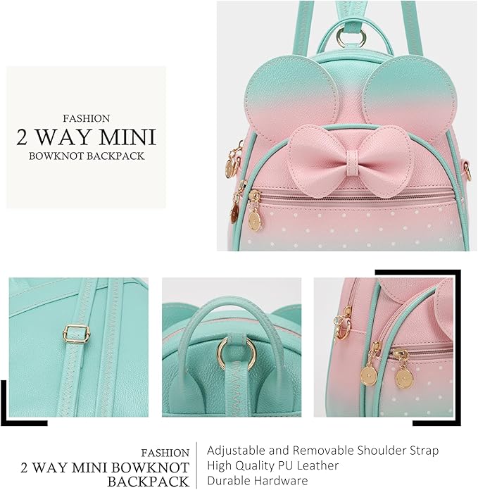 KL928 Girls Mini Backpack Bowknot Polka Dot Cute Small Daypacks Convertible Shoulder Bag Purse for Women