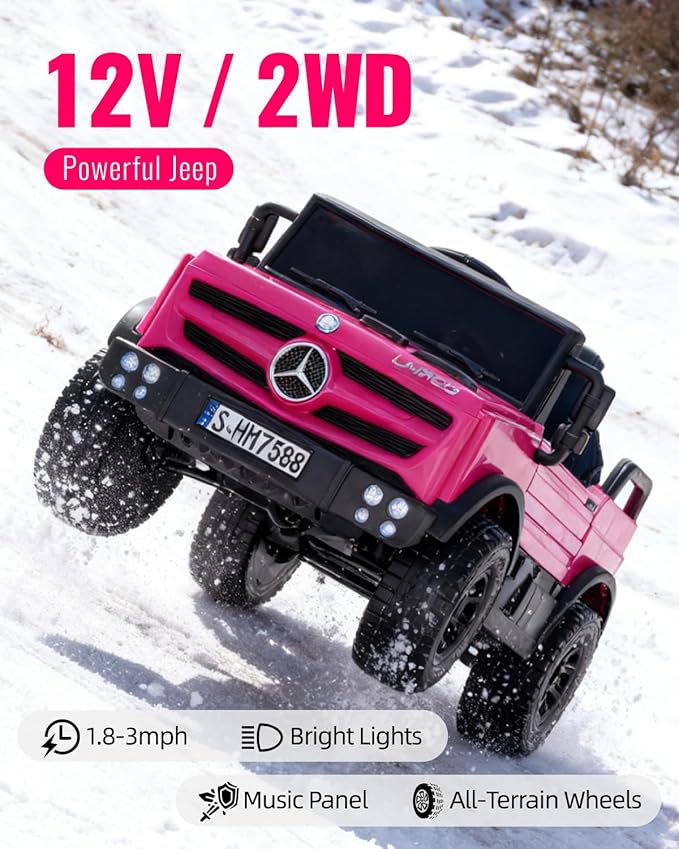 12V Ride on Car for Kids, Licensed Mercedes-Benz Unimog w/Parent Remote Control, LED Headlights, Music Player & Horn for 3-7 Years Toddler, Pink