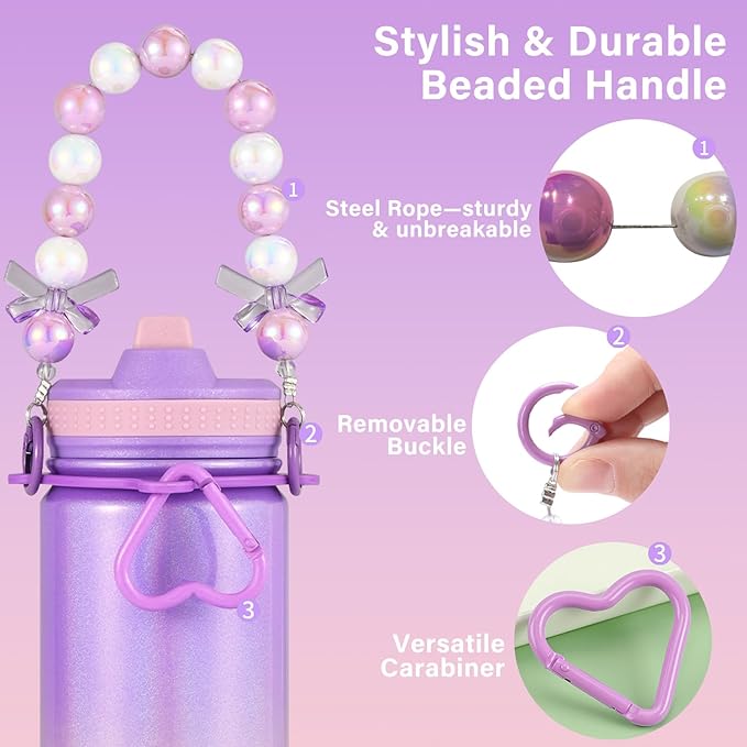 Mininoo Kids Water Bottle for School - 16 oz Stainless Steel Insulated Water Bottle with Ceramic-Lined, Leakproof Straw Lid & Beaded Handle for Girls & Boys