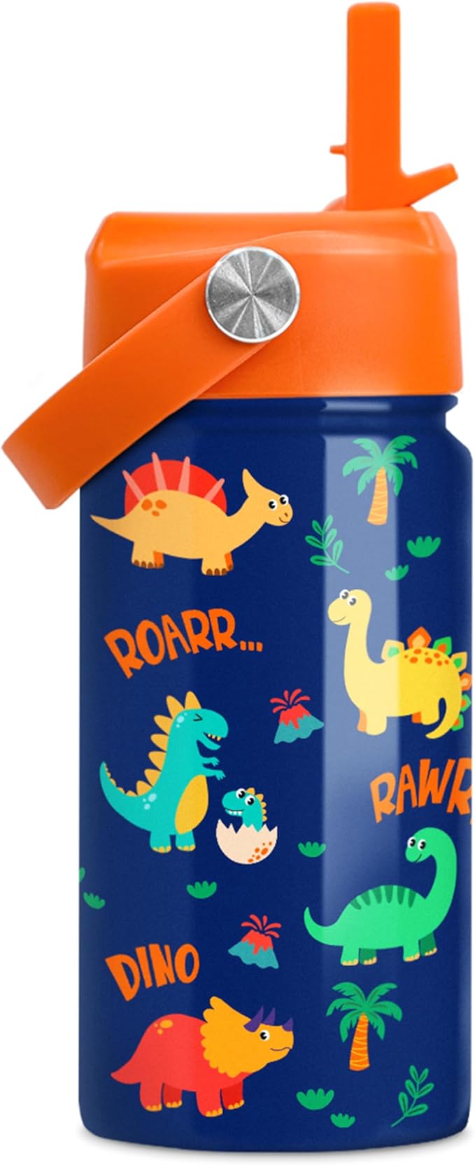 Dinosaur Water Bottle for Boys - Kids Water Bottle with Straw Lid - 12 Oz Insulated Stainless Steel Water Bottles for Kid - Travel Cup for School Sports