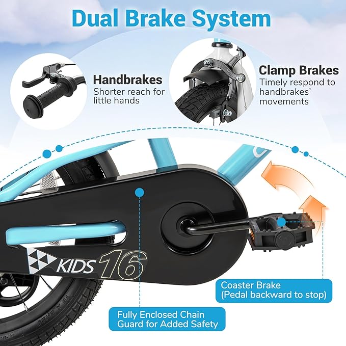 COSTWAY 12/14/16/18 Inch Kids Bike, Children Toddler Bicycle with Training Wheels, Adjustable Seat & Handlebar, Handbrake & Coaster Brake, Reflectors, Bell, Suitable for 3-8 Years Old Boys Girls