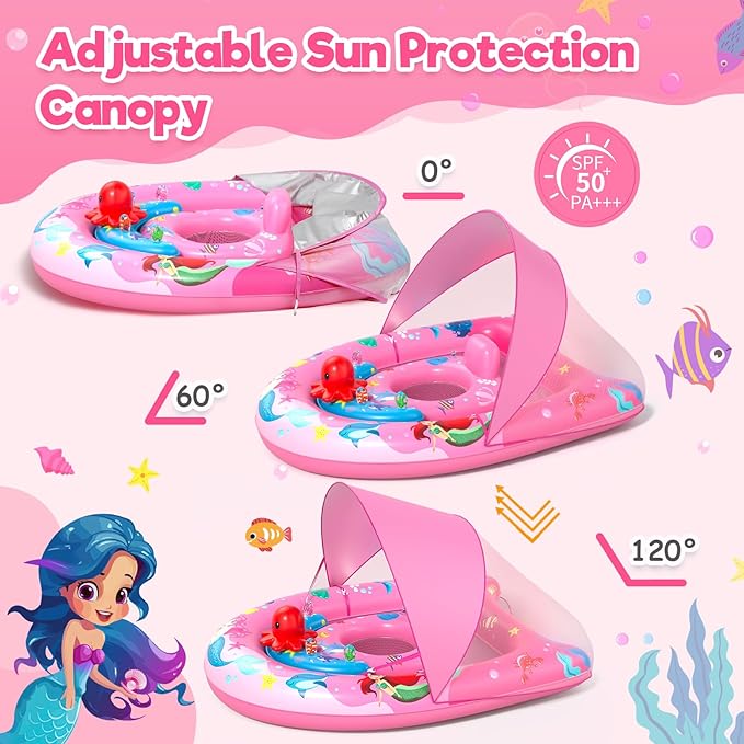 Sunrad Baby Pool Float with Canopy UPF50+ Sun Protection, Inflatable Baby Swim Float with Toy Play Console & Adjustable Safety Seat, Toddler Infant Pool Floaties for 6-36 Months
