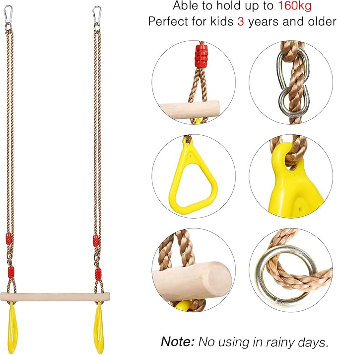 PELLOR Playground Children's Wooden Trapeze Swing Bar with Plastic Gym Rings Swing Set for Indoor & Outdoor Fun