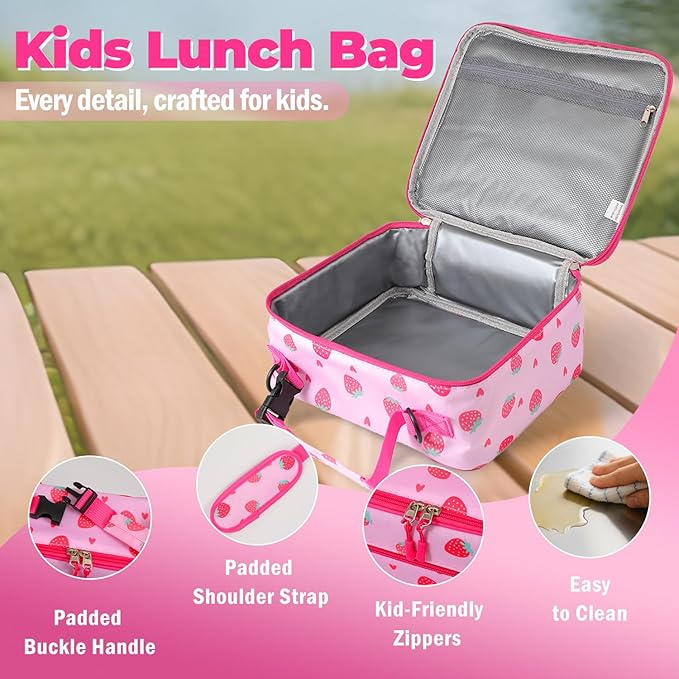 Kids Lunch Box Kids Lunch Bag for Girls Boys, Insulated Lunch Bag for Men with Shoulder Strap, Small Lunchbox for Girls School Travel Picnic (Pink, Strawberry)