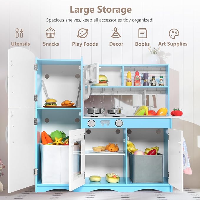 Kinder King Wooden Kids Play Kitchen, Toy Kitchen Playset for Toddler, Pretend Oven, Microwave, Telephone, Chalkboard, Interactive Doors, Knobs, Realistic Kitchen Sets for Boys Girls Age 3+, Blue