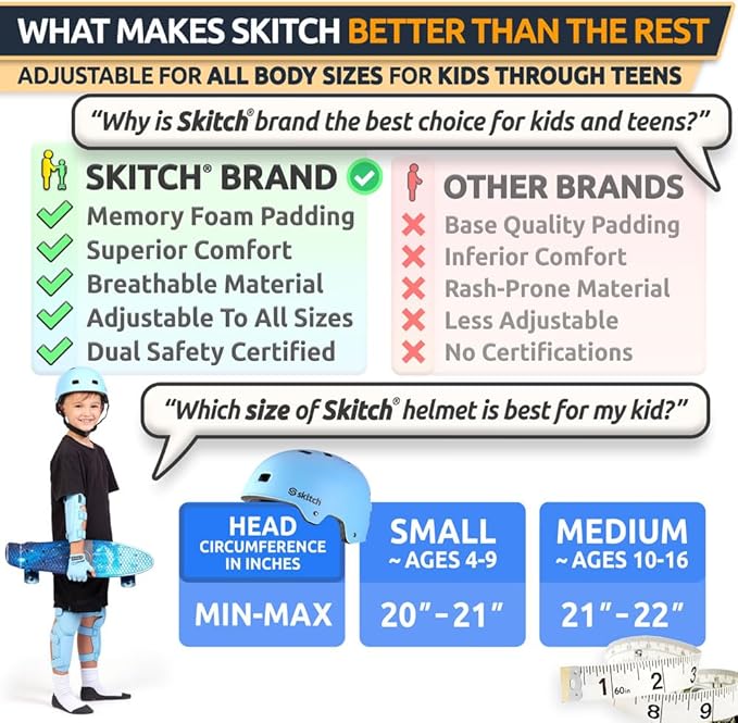 SKITCH Skateboard Helmet for Kids and Teens with Premium Grade Memory Foam Padding | Triple Certified Adjustable Protective Sport Head Gear for Scooter Roller Skate Inline Skating and Rollerblading