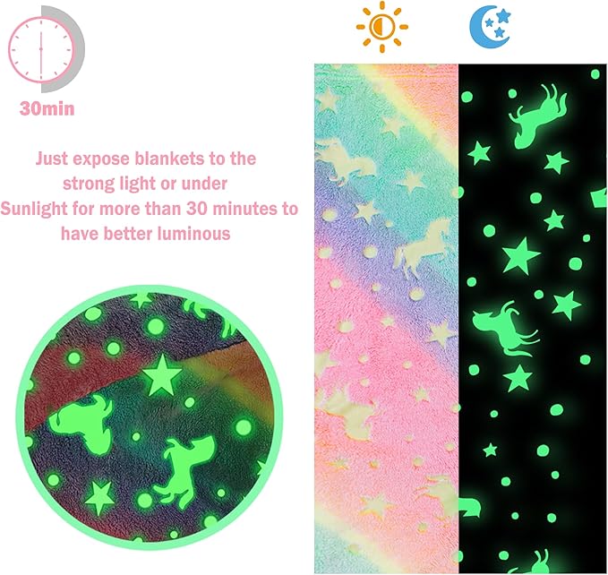 Softan Kids Unicorns Throw Blanket Glow in The Dark, Kids Blanket Gifts for Girls & Boys, Soft Cozy Flannel Luminous Unicorns Blanket for Sofa Couch Bed, Christmas Birthday Gift, 30x40IN