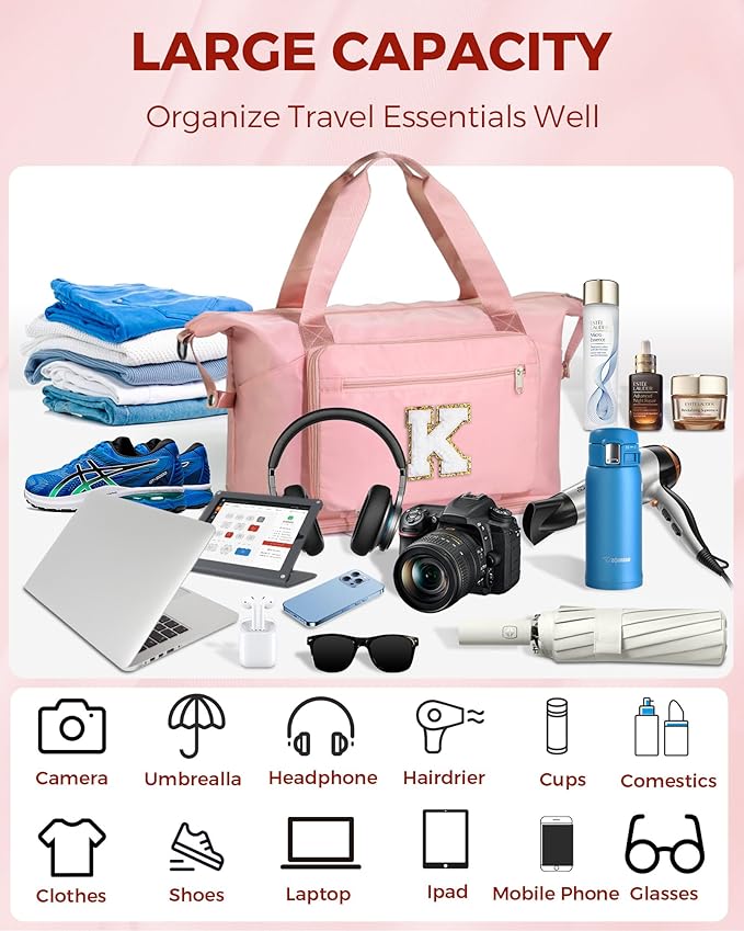 Personalized Gifts for Women Girls, Cute GYM Gymnastics Sports Workout Dance Bag with Shoe Compartment, Initial Large Duffle Carryon Bag for Traveling Essentials for Teen Tween Kids-Pink K
