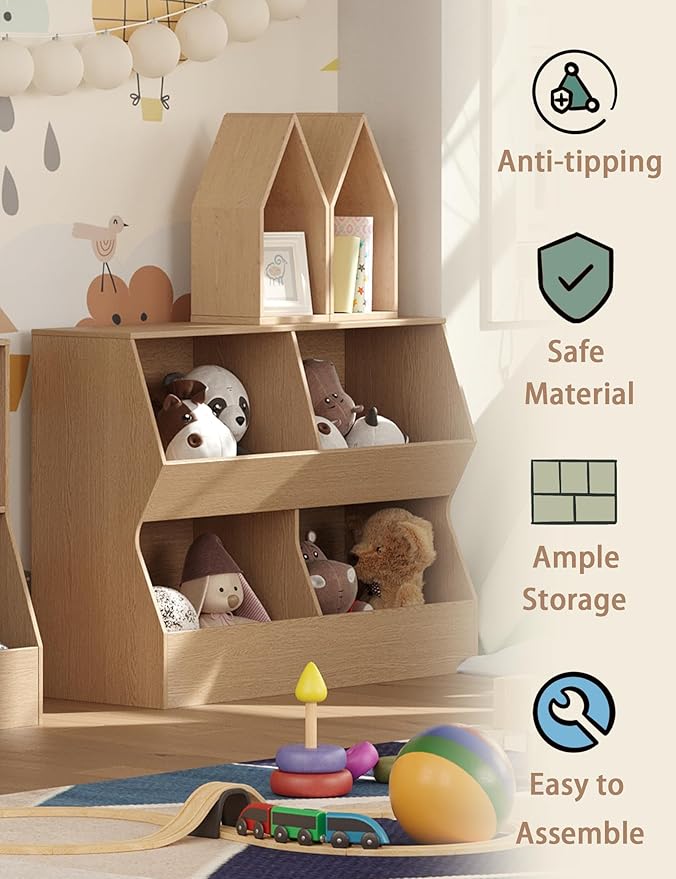 DINZI LVJ Kids Bookshelf, Toy Storage Organizer, Wooden Toy Cabinet, 4 Cubby Children Bookcase, 35.4" L Toddler Book Shelf for Living Room, Playroom, Nursery, Hallway, School, Natural