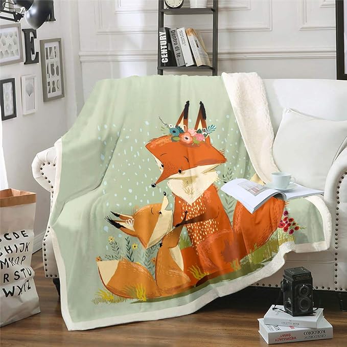 Kids Fox Print Plush Blanket Cartoon Fox Fleece Throw Blanket 3D Animal Theme Sherpa Blanket for Boys Girls Floral Woodland Fox Fuzzy Blanket Nature Theme Bed Couch Chair Room Decor Throw 50x60 Inch