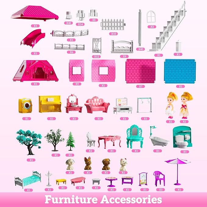 Villa Playset for Girls Ages 3-7, Indoor Playset Girls Toys with 3 Storeys 7 Rooms 2 Dolls for Ages 6-8, Furniture and Accessories, Pretend Toddler Toy, Birthday Gifts for Kids 3 4 5 6 7 8