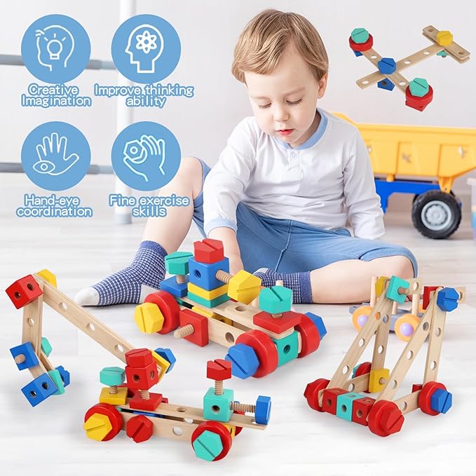 Wooden Nut & Bolt Building Toy for Kids Montessori STEM Construction Set with Tools, Educational Building Blocks for Toddlers Ages 3+ (Boys & Girls)