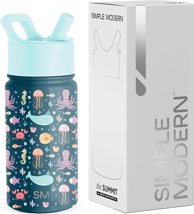 Simple Modern Kids Summit Water Bottle with Straw Lid | 14oz Stainless Steel Cup Insulated Tumbler for Toddlers, School | Under the Sea