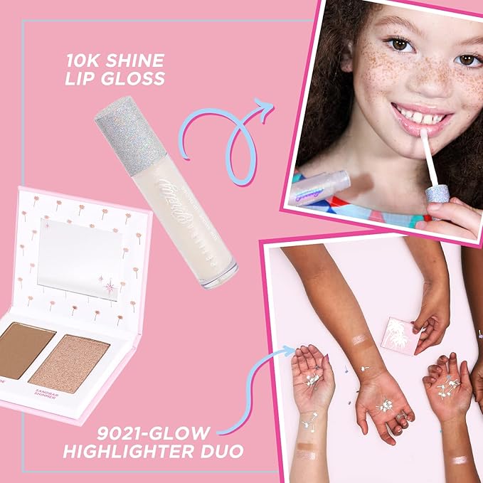 Petite 'n Pretty Makeup Set for Kids (Silver) - Face & Body Makeup for Kids, Tweens, Teens - Highlighter, Body Shimmer Glitter, Lip Gloss, Makeup Brush, Made in the USA