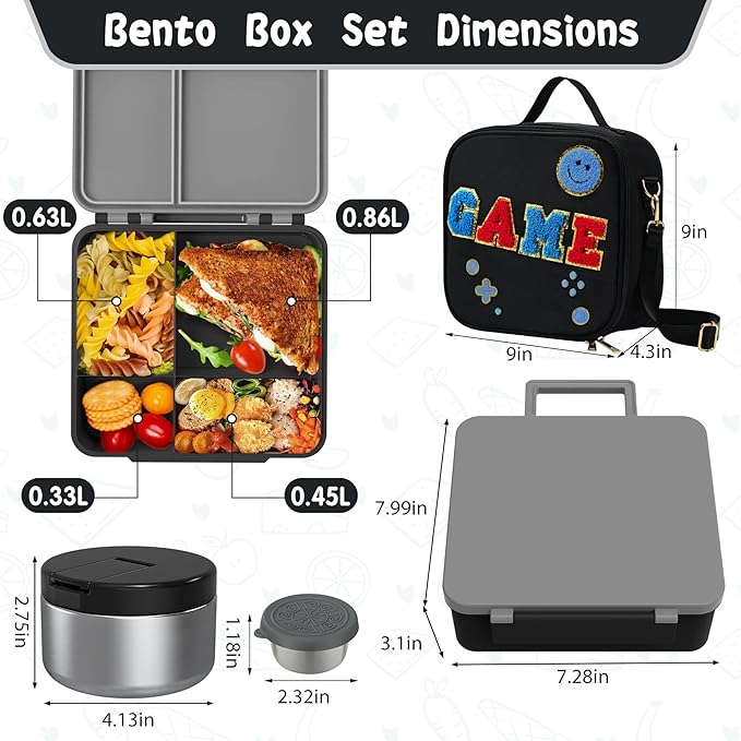 Kids Bento Lunch Box with 8oz Soup Thermo, Kids Leakproof Lunch Food Containers with 4 Compartment,Insulated Hot Food Jar with Lunch Bag for School, Travel (Black)
