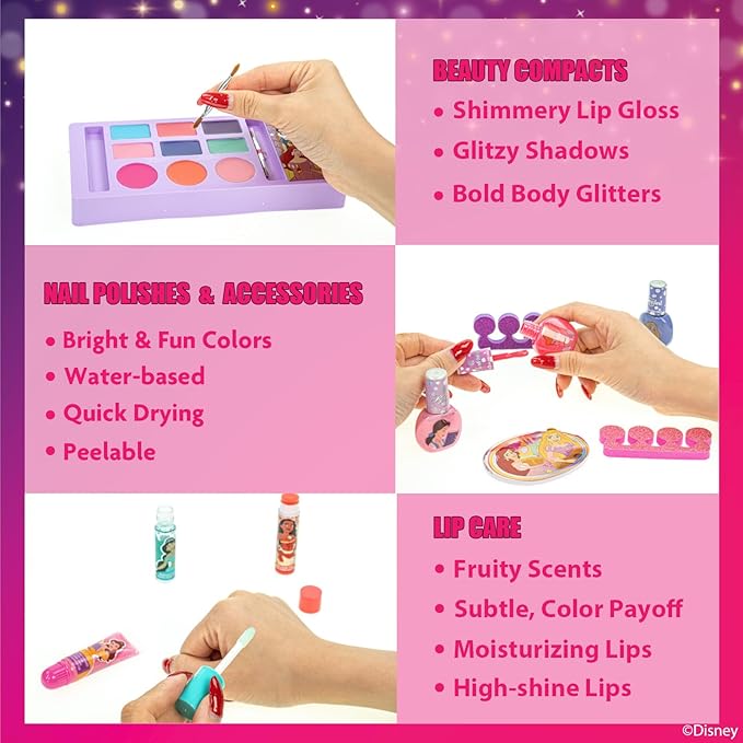 Disney Princess Train Case Beauty Set, Kids Makeup Kit for Girls, Real Washable Makeup Set, Play Makeup, Party Favor, Birthday, Ages 3 4 5 6 7 8 9 10 11 12 by Townley Girl