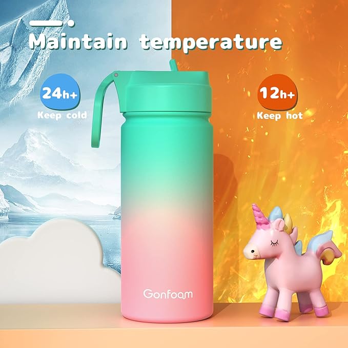 Kids Water Bottle, 2-Pack 16oz Water Bottles with Stickers and Straw, Stainless Steel Vacuum Insulated cup, Kids Water Bottle for School, Gifts for Boys and Girls(Purple/Green)