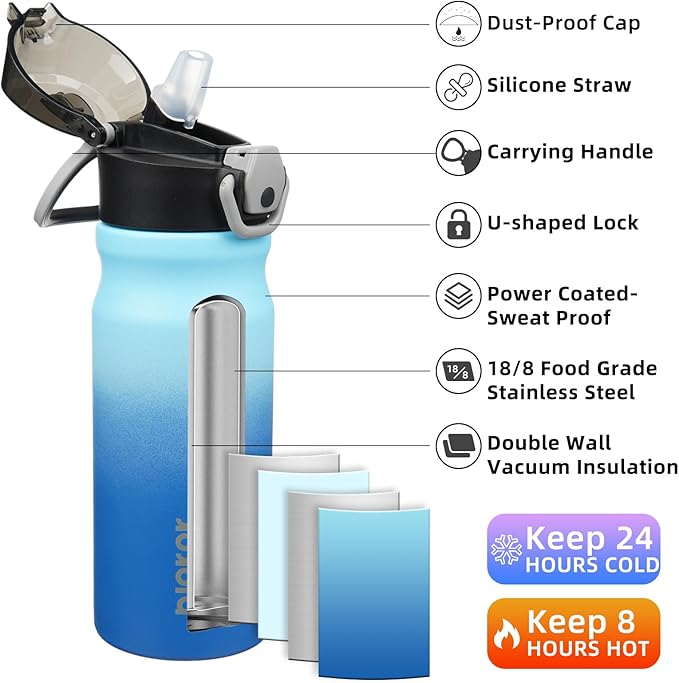 BJPKPK Water Bottle with Straw 18oz Insulated Water Bottles Reusable Stainless Steel Metal Thermal Flask with Leak Proof Lockable Lid and Carry Handle,Sky