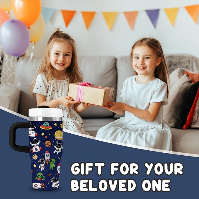 Space Themed Gifts for Boys - 14oz Kids Astronaut Tumbler with Handle and Straw, Stainless Steel Insulated Water Cup, for Sports, School - Space Themed Children's Birthday Gift Cup (1pc)
