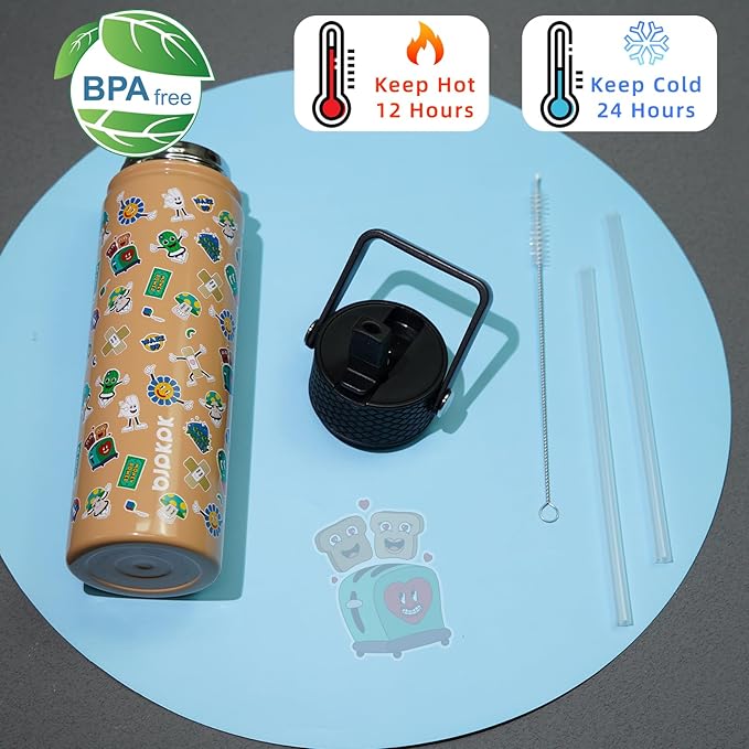 BJPKPK Insulated Water Bottle with Straw Lid, 22 oz Stainless Steel Metal Water Bottles, Reusable Leak Proof BPA Free Water Bottles, Cups, Thermo, Spring Party-Brown