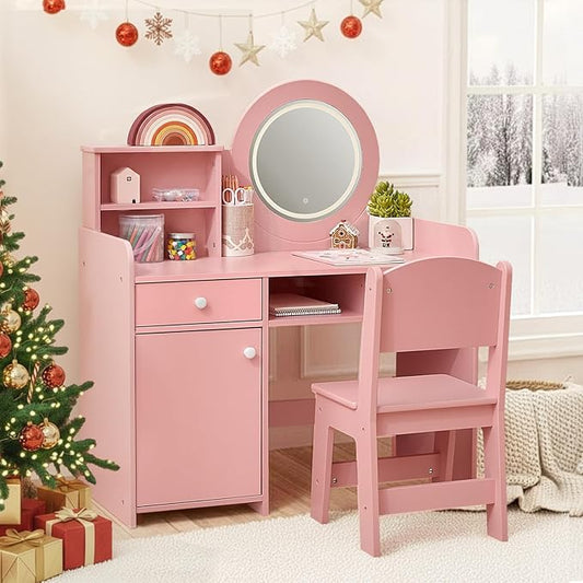 Toddler Vanity with Lighted Mirror, Kids Vanity Table and Chair Set with Open Bookshelf, Storage Cabinet & Shelves, Pink Dressing Table for Girls