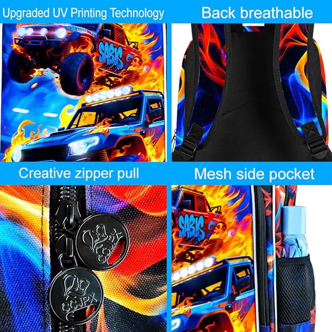 17" Monster Truck Backpack for Boy, 3Pcs Fire Bookbag for Elementary Preschool Kindergarten, Kids School Backpacks with Lunch Box (Red)