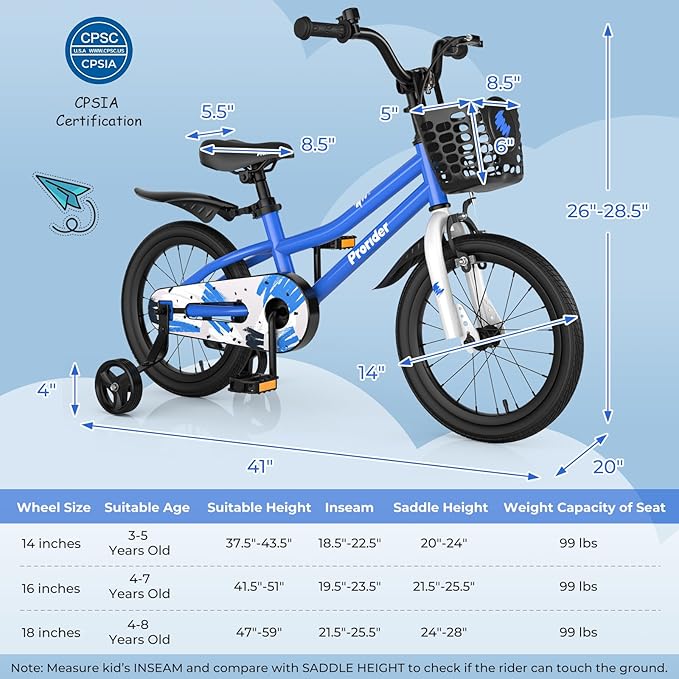 COSTWAY Kids Bike, 12 14 16 18 Inch Toddler Bike for Boys & Girls Aged 3-8 Years Old, Kids Bicycle w/Removable Training Wheels, Handbrake & Coaster Brake, Basket, Bell