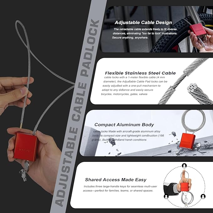 Adjustable Cable Padlock with 3 Keys | L 1.15ft x D 1/6in Aluminum Steel Cable Locks for Bikes, Gate, Lockers & Outdoor Gear | Keyed Different & Red