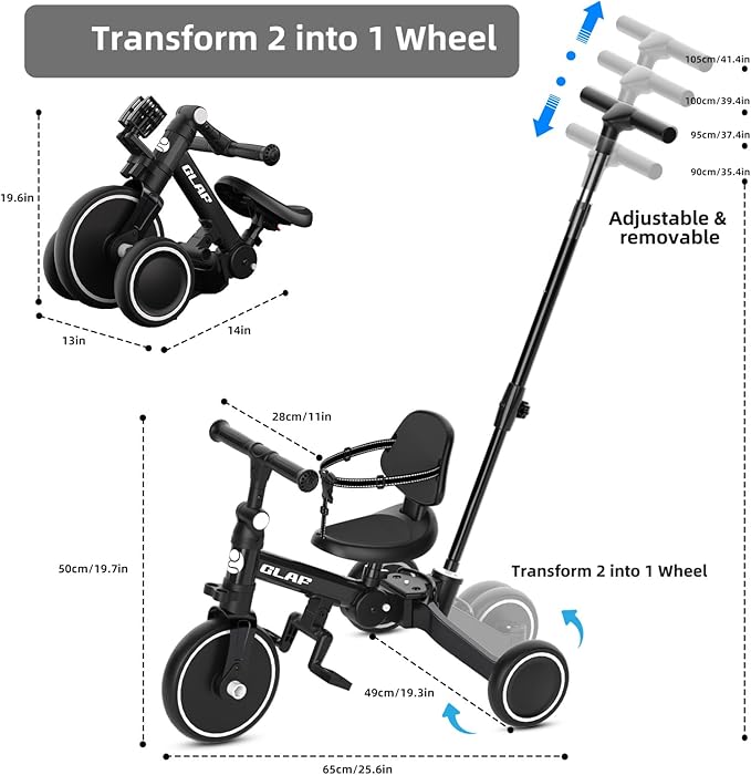Glaf Toddler Bike Tricycle with Push Handle for 1-3 Years Old Baby Boys and Girls Kids Trike Balance Bike Birthday Toy with Removable Pedals Adjustable Seat Height and Backrest (Black)