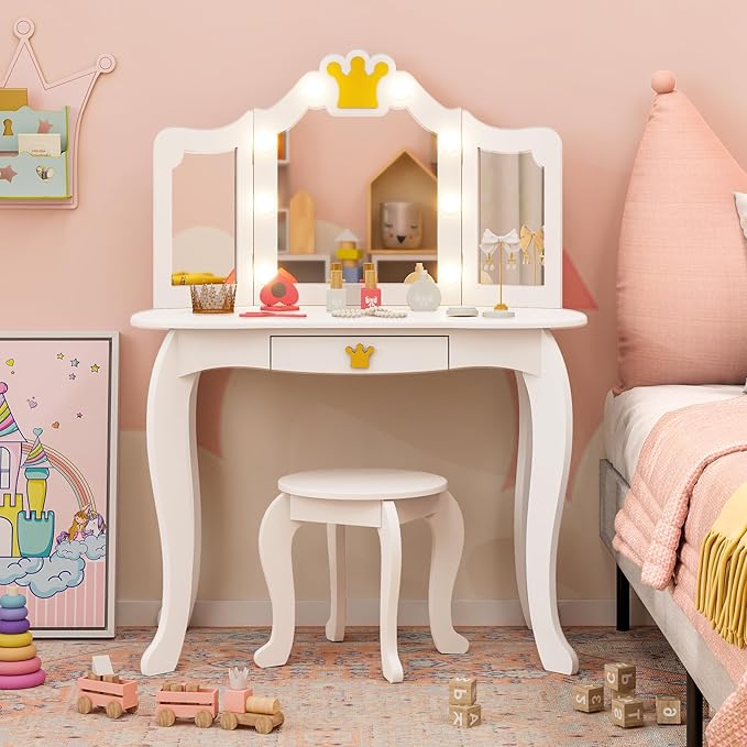 Costzon Kids Vanity with Lights, Girls Vanity Set with Mirror and Stool, Drawer, 2 in 1 Princess Makeup Desk Dressing Table, Kids Vanity Table and Chair Set (White)
