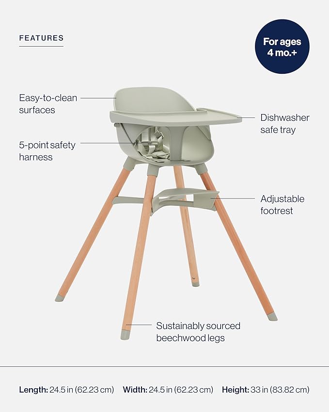 Lalo The High Chair Infant Kit - Convertible Wooden High Chair for Babies & Toddlers with Infant Support & Cushion, Grows with Your Child, Dishwasher Safe Tray, Adjustable Footrest Sage