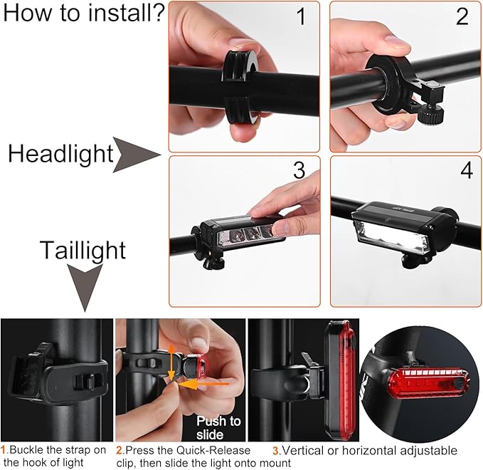 Bike Light Set for Night Riding,Bright LED Bicycle Light High Beam Low Beam,USB Rechargeable Bicycle Headlight Set,Waterproof Bike Headlight and Taillight for Adult Kid Mountain