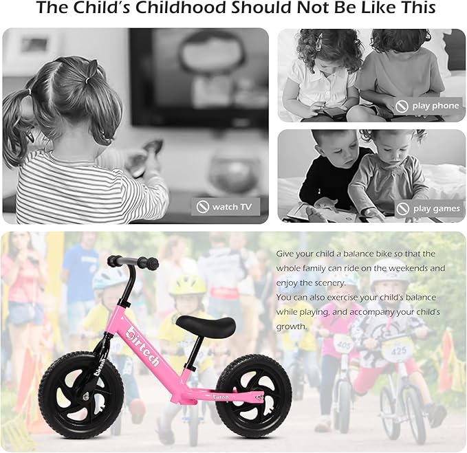 Birtech 12 Inch Toddler Balance Bike for Kids 2-6 Years Old, Adjustable Seat Height, Indoor Outdoor Toy Bicycle With No Pedals, Pink