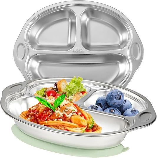 Stainless Steel Baby Suction Plates: Divided Plates for Babies and Toddlers, Made of 100% Food-Grade Materials Ideal for Baby-Led Weaning BPA-Free Toddler Feeding Dishwasher Safe Green