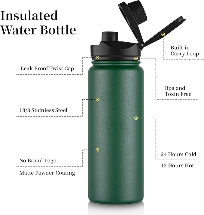 24 oz Insulated Water Bottle Bulk 4 Pack, Stainless Steel Sports Water Bottles with Straw Lid & Wide Mouth Lids, Double Walled Vacuum, Leak Proof, Dark Green