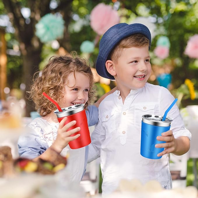 ShineMe Stainless Steel Kids Cups with Straws and Lids, 2 Pack Toddler Cups Spill Proof with Cute Sleeves in Bright Colors, 12oz Unbreakable Kids Drinking Tumblers for Cold/Hot Drinks (Red & Blue)