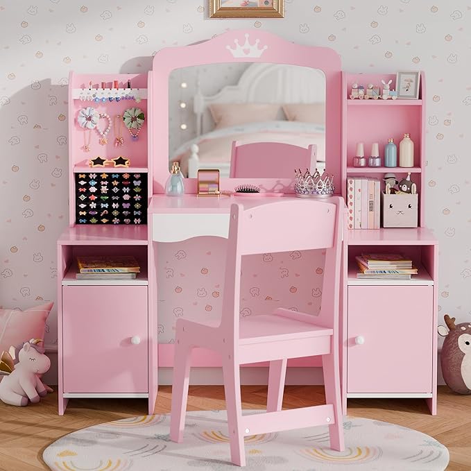 Kids Vanity, Girl Vanity Set with Storage Cabinet & Open Shelf, 2 In 1 Kids Vanity Table and Chair Set with Jewelry Storage, Princess Toddler Makeup Vanity with Mirror for Little Girls (Pink)