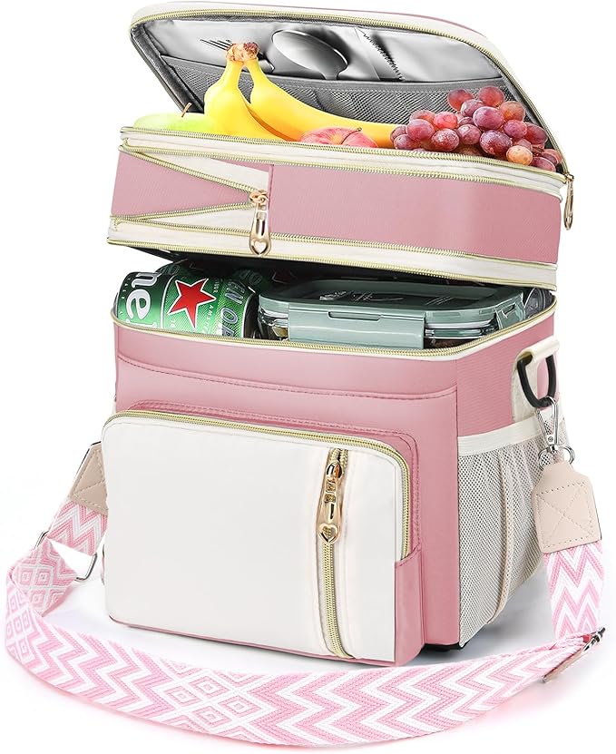 LOKASS Lunch Box & Lunch Bag for Women Men Double Deck, Large Insulated Adult Lunch Box Leakproof Lunchbox Cooler Bag for Work Picnic Beach,（Pink&White 16L）