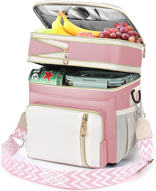 LOKASS Lunch Box & Lunch Bag for Women Men Double Deck, Large Insulated Adult Lunch Box Leakproof Lunchbox Cooler Bag for Work Picnic Beach,（Pink&White 16L）