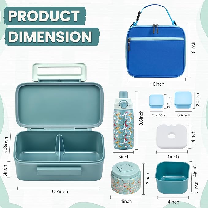 PIQUEBAR Bento Lunch Box for Kids with Thermo Ice Pack Lunch Food Container Insulated Bag, 18oz Plastic Sport Water Bottle for Kid Girls Boys (T-Blue Dinasour)