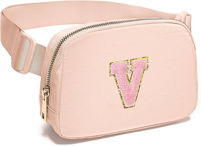 Gitus 6 7 8 9 10 Year Old Girl Gifts Belt Bag Fanny Pack Crossbody Bags with Initial Letter Patch Things for Teen Girls Easter Gifts for Girls Travel Essentials（Coral Pink-V）