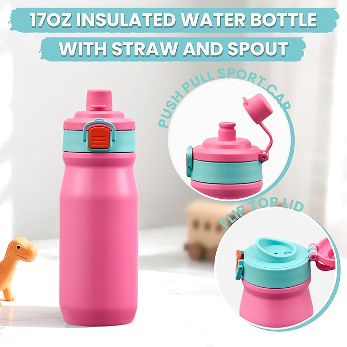 PIQUEBAR Kids Lunch Bento Box with 8oz Thermo Ice Pack Food Container with Insulated Lunch Bag, Insulated Water Bottle with Straw for Girls Boys, (A-Pink)