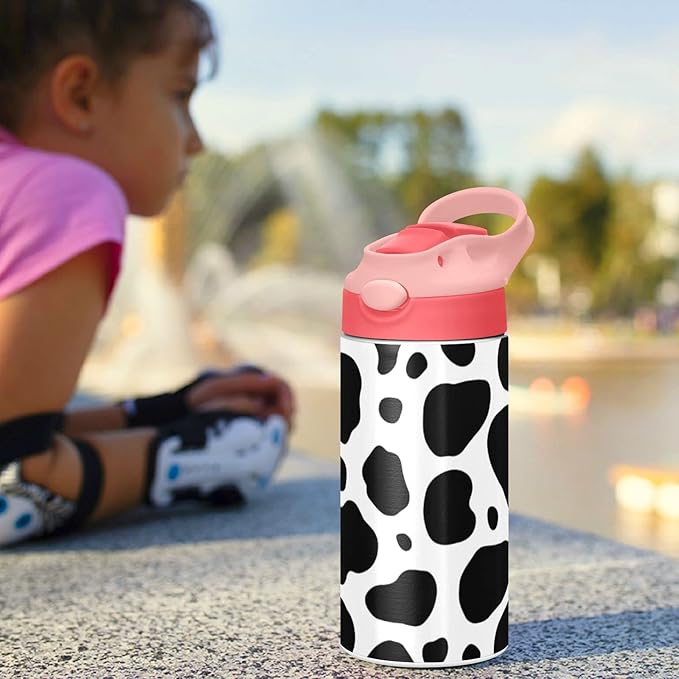 Kigai Black & White Cow Print Kids Water Bottle with Straw Lid, Vacuum Insulated Stainless Steel Double Walled Leakproof Tumbler Travel Cup for Girls Boys Toddlers, 12 oz