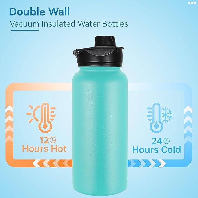 VEGOND 32 oz Insulated Water Bottle Stainless Steel Metal Water Bottles with Leak Proof Straw Lid & Spout Lid, Wide Mouth Double Walled Vacuum Travel Sports Bottle, Mint Green