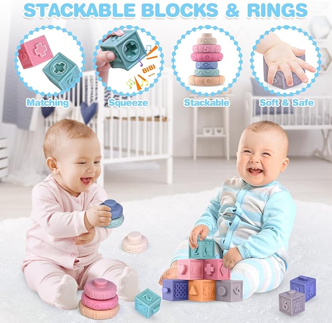 SpringFlower 0-3-6-12 Months Baby Toys, 5 in 1 Montessori Toys for Babies, Teething Toy & Stacking Building Block & Ring & Silicone Pull String, Sensory Development Baby Infant Toy, Gift for Babies