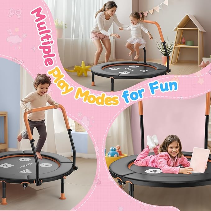 BCAN 36'' Toddler Trampoline, ASTM Certified-Foldable Mini Trampolines for Kids Ages 1-6, Adjustable Handle, Safety Pad & Foldable Legs, Baby Trampoline Indoor/Garden, Gift for Boy and Girl