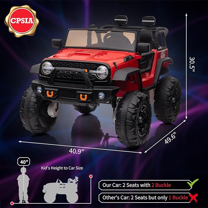 2 Seats 24V Kids Ride on Truck with Remote Control, Battery Powered Electric Ride Car Toy for 3-8 Years, 4 Motors,20" Seat Width for 2 Seaters, LED Light,Music,High/Low Speeds,Shovel, USB (Red)